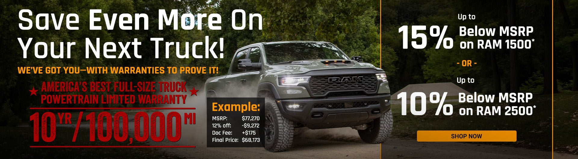 Up to 15% off MSRP on RAM 1500 Rebel, Limited, and Tungsten*